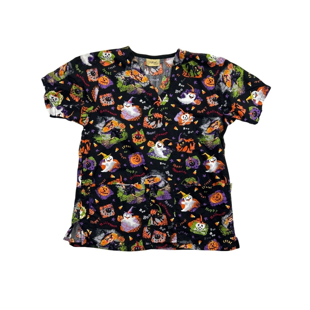 Tafford Scrub Top Womens XS Black Halloween‎ Print Ghost Pumpkin Spider
